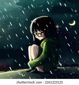 Lonely girl under dark dark night mockery art style