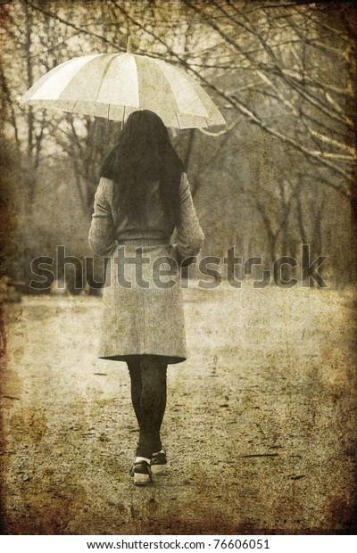Lonely Girl Walking Alley Park Rainy Stock Photo (Edit Now) 76606051