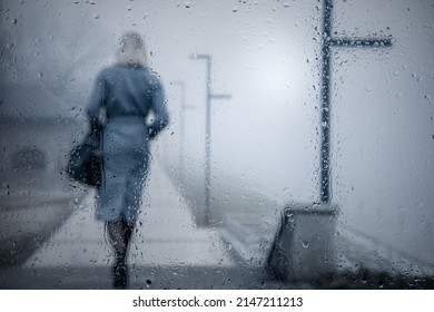 Lonely Girl Walking Down The Street In The Morning Autumn Mist