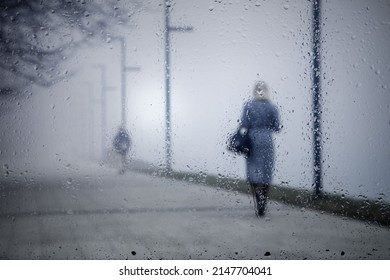 Lonely Girl Walking Down The Street In The Morning Autumn Mist