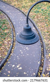 A Lonely Grey, Wet Way With Golden Fallen Leaves On It, Situated In The Middle Of The Green Grass Zone Of The Park With Vintage Metallic Lamp Above It. No People Photography. 