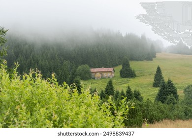 Lonely house in the mountains on a foggy morning in the summer. Mountain landscape on a summer day. Concept of solitude, relaxation, life in the countryside. High quality photo - Powered by Shutterstock