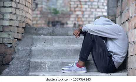 Lonely Male Teen Sitting Building Stairs, Misunderstanding Depression, Problem