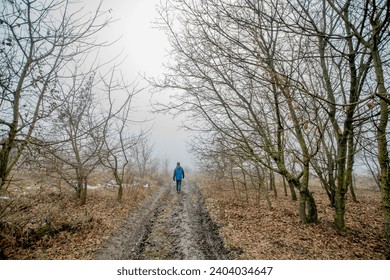 Lonely man goes away on road among trees - Solitary walk in the winter mist - Powered by Shutterstock