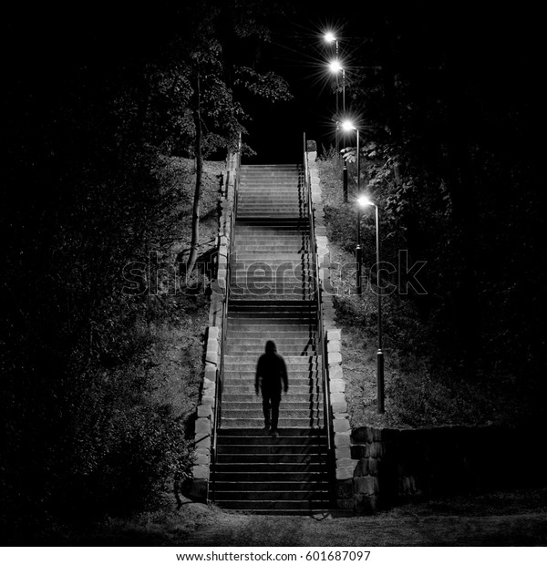 Lonely Man Walking Night Stairway Stock Photo Edit Now