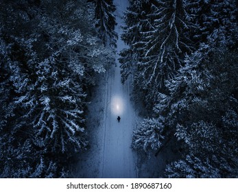 Lonely man walking throght the forest during winter night - Powered by Shutterstock