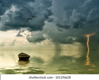 The lonely old boat at the ocean, comes nearer a thunder-storm with rain and lightning on background