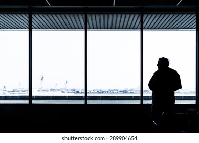 Lonely Old Man Waiting For Flight Aircraft 