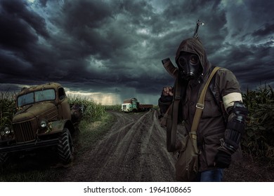 Lonely Post Apocalyptic Survivor In Mask Wanders Through The Wasteland.