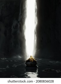 lonely rower in front of big iceberg with bright crevice