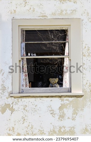 LONELY SAD LOST TEDDY BEAR WAITING IN A WINDOW of an old worn run down house, looking out contemplating, seaching for love and happiness of a missing brown childhood furry friend