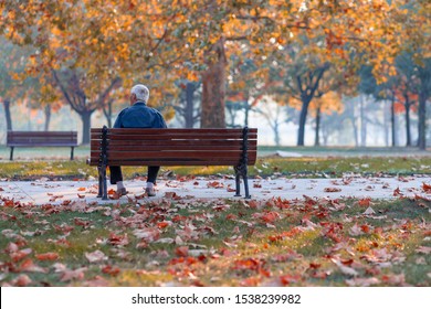 Lonely Senior Old Man Sitting On Bench In Park