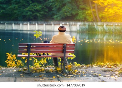 Lonely Senior Woman With A Small Black Dog Sitting On A Bench By The Autumn Lake Or River In A City Park. Relaxation. Loneliness Concept