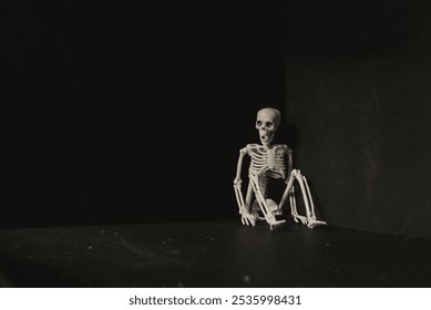 Lonely skeleton in a dark room