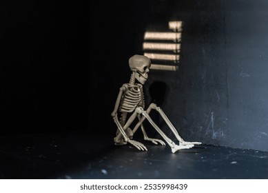 Lonely skeleton in a dark room