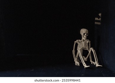 Lonely skeleton in a dark room