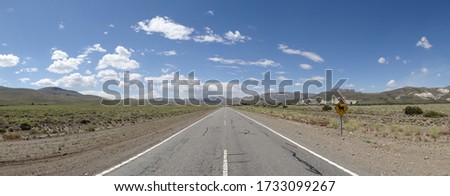 Lonely straight and long road under a blue sky in Patagonian Argentina