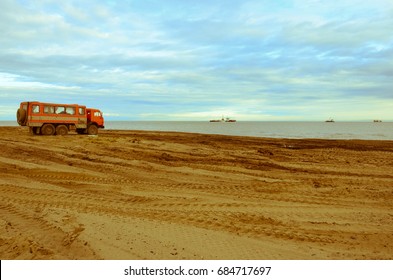 Lonely Truck On The Beach Vintage