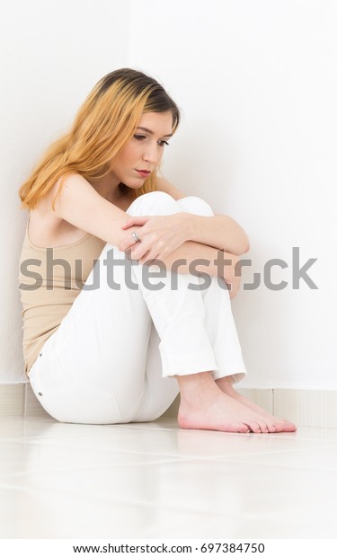 Lonely Woman Barefoot Very Sad Feelings Stock Photo 697384750 ...