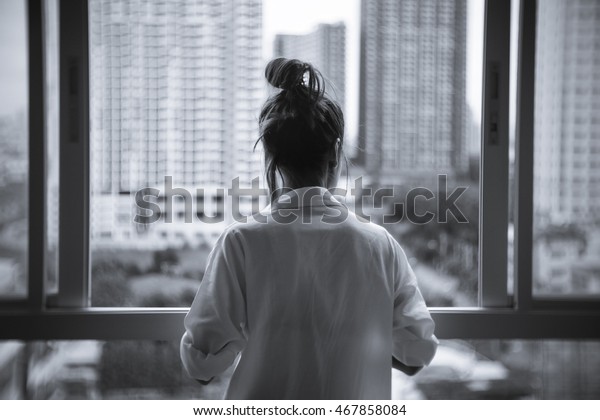 Lonely Woman Looking Out Window Sad Stock Photo (Edit Now) 467858084