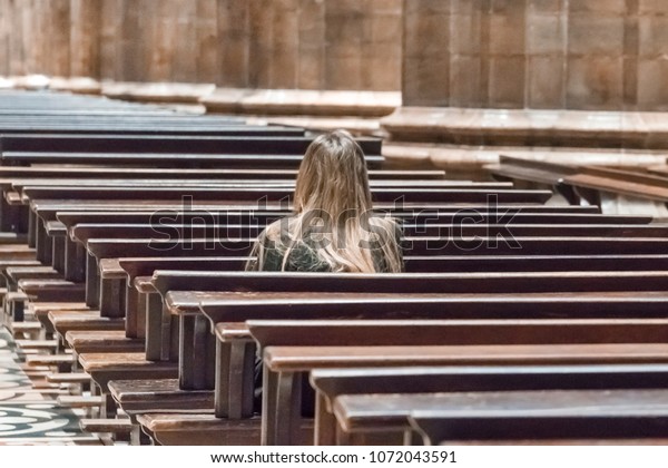 Lonely Woman Sitting On Bench Church Stock Photo Edit Now 1072043591