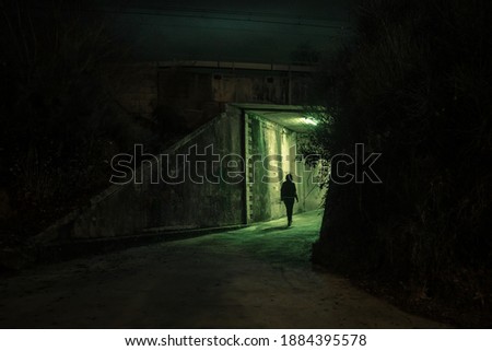 Lonely woman walking in a dramatic mystic dark alley at night. Danger and scary concept.