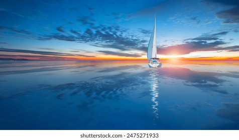 Lonely yacht sailing in the Mediterranean sea at amazing sunset - Sailing luxury yacht with white sails in the Sea.