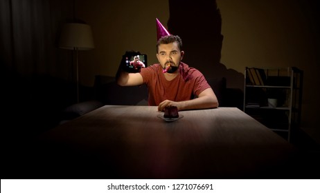 Lonely Young Man Celebrating Birthday Taking Selfie, Depression, Single Life