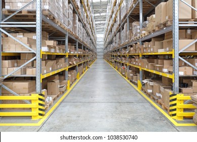 Long Aisle With Shelves In Fulfillment Warehouse