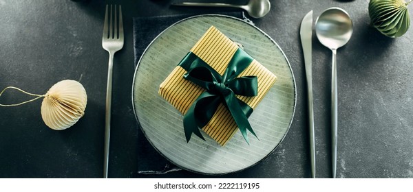 Long Banner For Design, Web Site. Christmas Table Setting With Gift Box On Table, Cutlery. Christmas Dinner, New Year Party Concept. Top View.