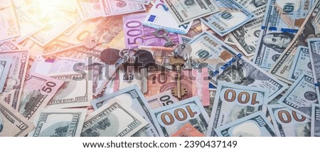 Long banner paper money euro dollar banknotes.  Currency background with tilt-shift effect banner. Saving