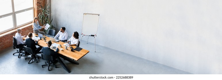Long Banner With Successful Business Team Having Meeting In Office, Group Of Colleagues Discussing Company Strategy During Conference In Boarding Room, Panorama With Copy Space, Extended Shot - Shutterstock ID 2252688389