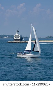 Long Beach Bar (Bug) Light Is A Lighthouse Off Orient, New York. It Was Originally A Screwpile Lighthouse That Was Later Converted To Concrete Caisson Foundation. 