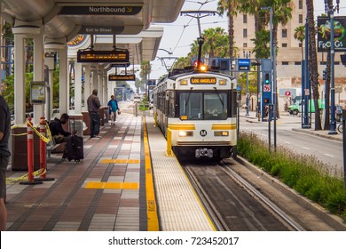 LONG BEACH, CA - July 15, 2017:  A Metro Rail Train Arrives At The Downtown Long Beach Subway Station In Los Angeles