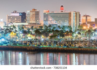 LONG BEACH, CA - JULY 31, 2017: Sunset Skyline From Queen Mary. Long Beach Is A City In Southern Los Angeles County.