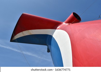 LONG BEACH, CA  MAY 18, 2018  The Funnel Of A Carnival Cruise Lines Ship Is Unique For It's Wing Shape.