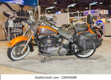 Long Beach, CA - November 13, 2014: Harley-Davidson Heritage Softail Classic Motorcycle 2015 motorcycle on display at the International Motorcycle Show