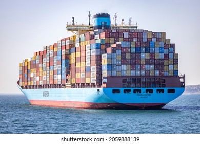 Long Beach, CA  USA - October 15,  2021: Cargo Ships Line The Coast Around The Port Of Long Beach Causing Shipping Delays Amidst Global Supply Chain Disruption Affecting Container Ships And Freight.