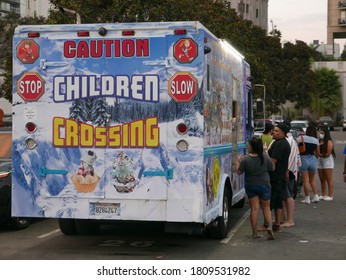 Long Beach, CA / USA - September 5, 2020: People Lined Up At The Ice Cream Truck On A Hot Day.