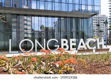 LONG BEACH, CALIFORNIA - 06 MAR 2020: Long Beach Sign At The Civic Center On Ocean Boulevard. 