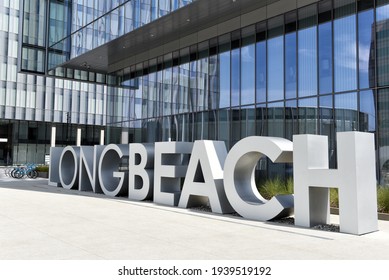 LONG BEACH, CALIFORNIA - 06 MAR 2020: Long Beach Sign At The Civic Center On Ocean Boulevard. 