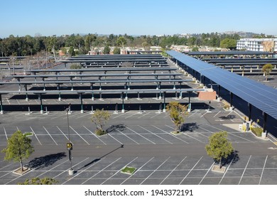 LONG BEACH, CALIFORNIA - 16 MAR 2021: Solar Panels In The Parking Lot At California State University Long Beach.