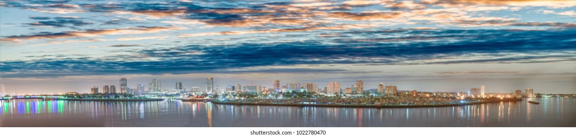 Long Beach In California. Amazing Night Aerial Panoramic View.