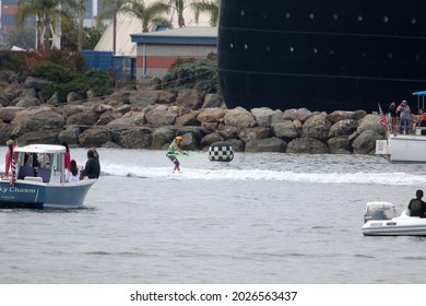 Long Beach, California - July 24, 2021:  Spectators In Boats Watch A Racer Cross The Finish Line At The 72nd Catalina Ski Race In Long Beach.