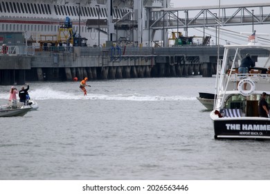 Long Beach, California - July 24, 2021: Spectators Watch Todd Haig Cross The Finish Line In First Place At The 72nd Catalina Ski Race In Long Beach.