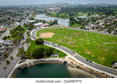 Long Beach, California - May 25, 2022: An Aerial View Of The Area Of Land That Could Potentially Connect The Waters Of Marine Stadium With The Colorado Lagoon.