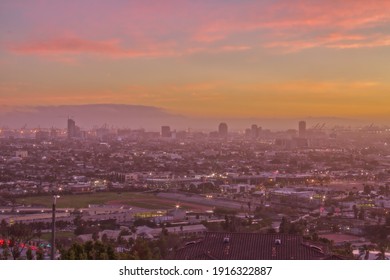 LONG BEACH, CALIFORNIA, USA - FEBRUARY 13, 2021: Long Beach Skyline At Sunset