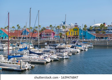 LONG BEACH, CALIFORNIA, USA - JUN. 22, 2019: Long Beach historic Shoreline Village and marina in City of Long Beach, Los Angeles County, California CA, USA.