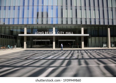 Long Beach, California - USA - March 15, 2021: Long Beach City Hall Entrance And Sign At The Civic Center. Editorial Use Only.