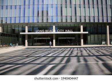 Long Beach, California - USA - March 15, 2021: Long Beach City Hall Entrance And Sign At The Civic Center. Editorial Use Only.